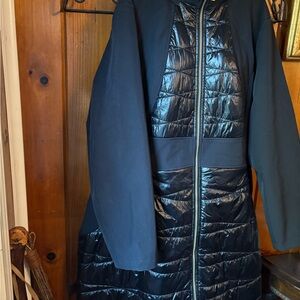Via Spiga Black Quilted Puffer and Nylon Hooded Mid Length Coat